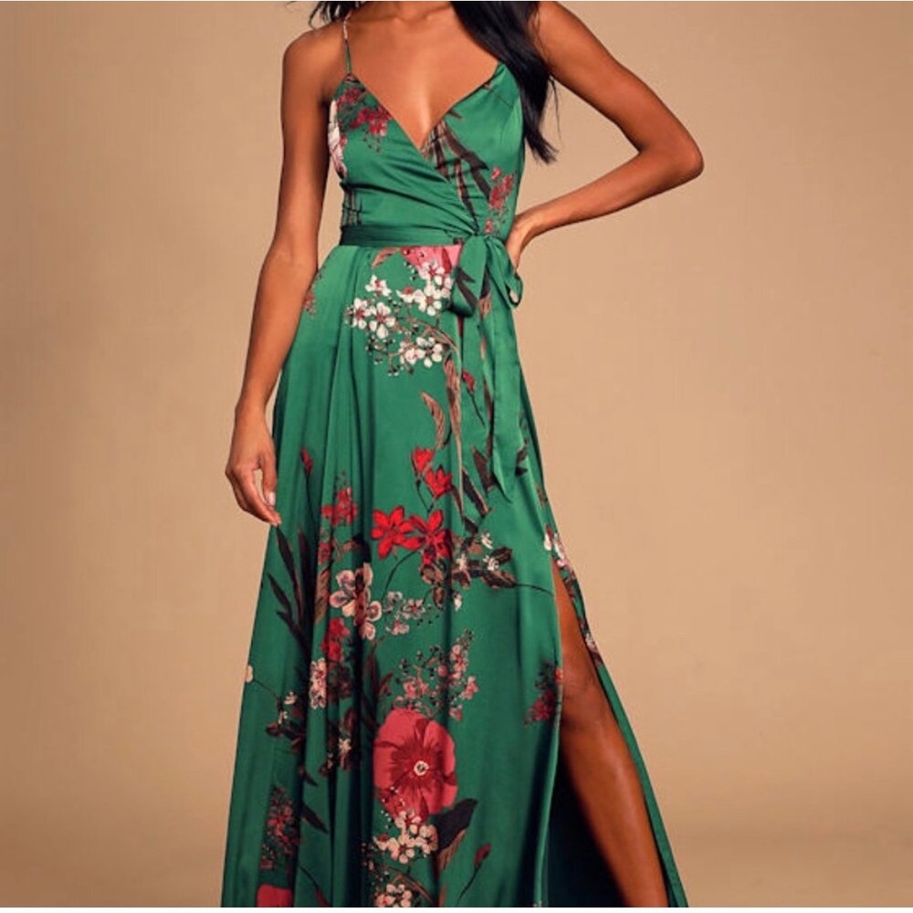 Lulus Still the One Emerald Green Floral Print Satin Maxi Dress Size M